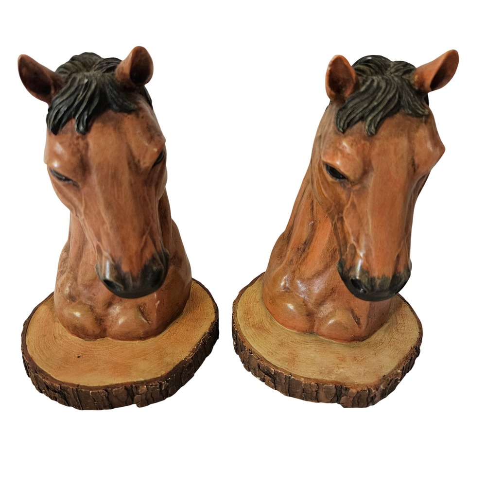 Vintage Horse Head Bookends Rustic Wood Slice Base Decorative Set - Picture 5 of 9